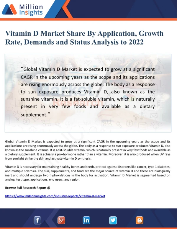 Vitamin D Market Share By Application, Growth Rate, Demands and Status Analysis to 2022