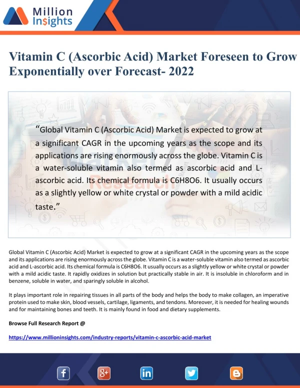 Vitamin C (Ascorbic Acid) Market Foreseen to Grow Exponentially over Forecast- 2022