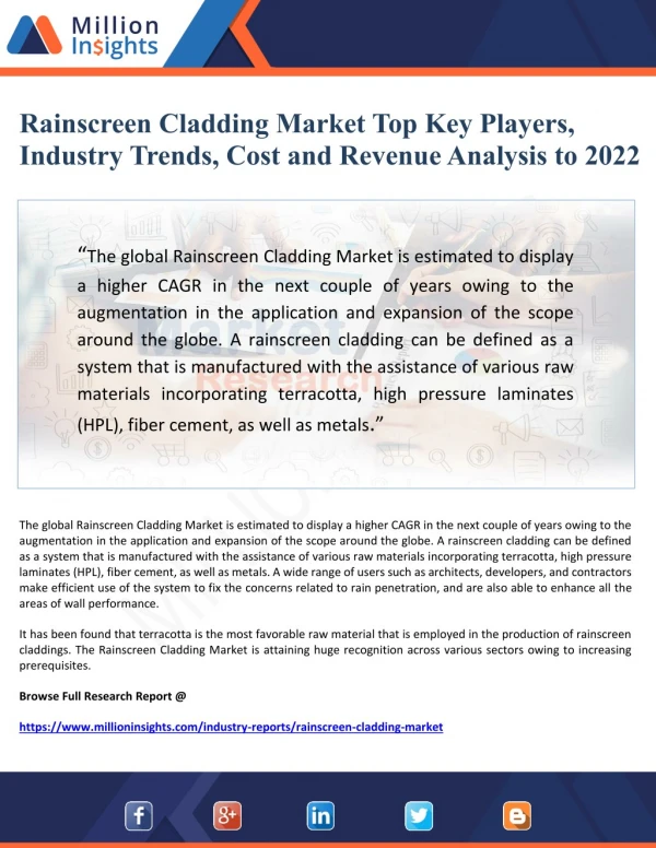 Rainscreen Cladding Market Top Key Players, Industry Trends, Cost and Revenue Analysis to 2022