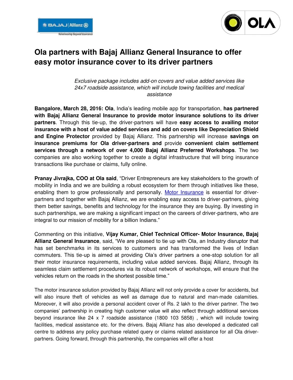 ola partners with bajaj allianz general insurance