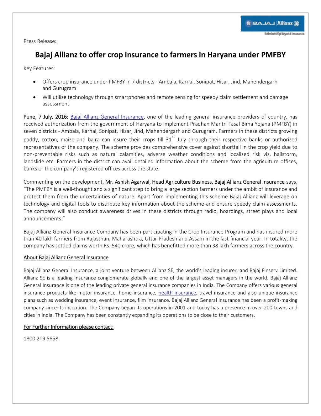 press release bajaj allianz to offer crop