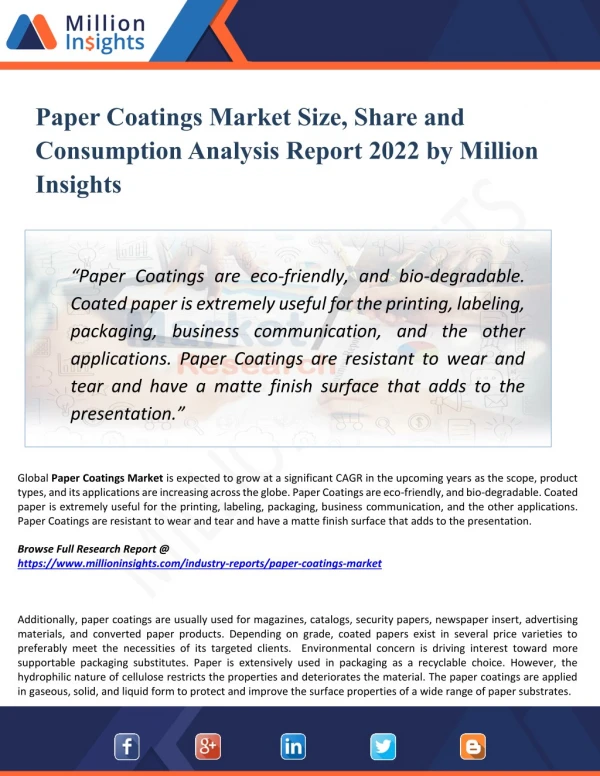 Paper Coatings Market Key Players, Industry Overview, Supply and Consumption Demand Analysis to 2022