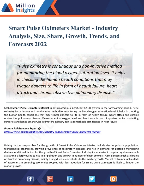 Smart Pulse Oximeters Market Analysis, Manufacturing Cost Structure, Growth Opportunities and Restraint 2022