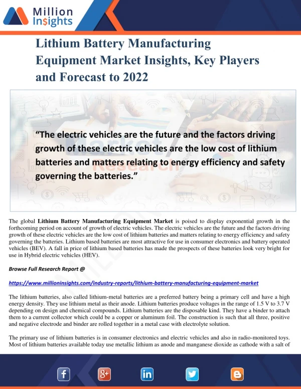 Lithium Battery Manufacturing Equipment Market Insights, Key Players and Forecast to 2022