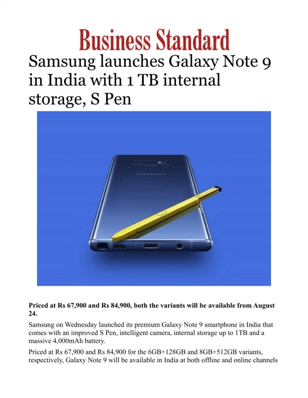 Samsung launches Galaxy Note 9 in India with 1 TB internal storage, S Pen