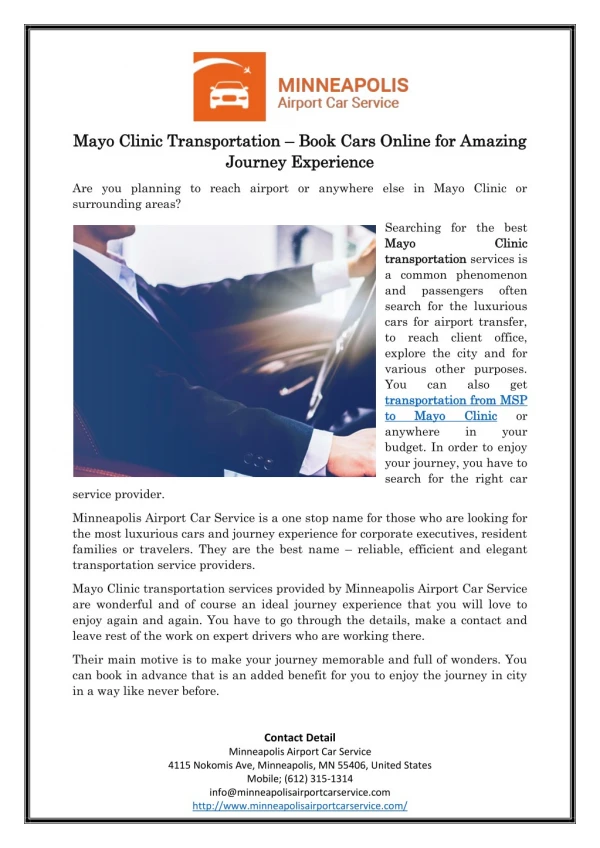 Mayo Clinic Transportation â€“ Book Cars Online for Amazing Journey Experience