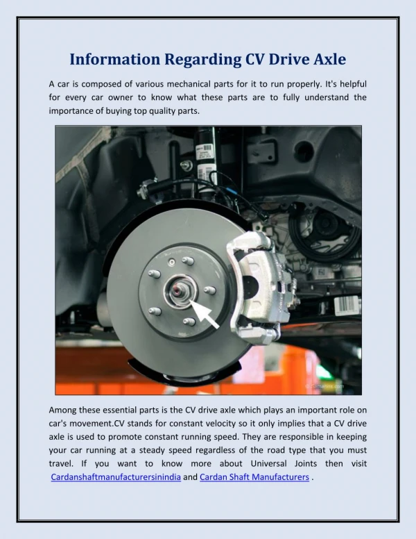 Information Regarding CV Drive Axle