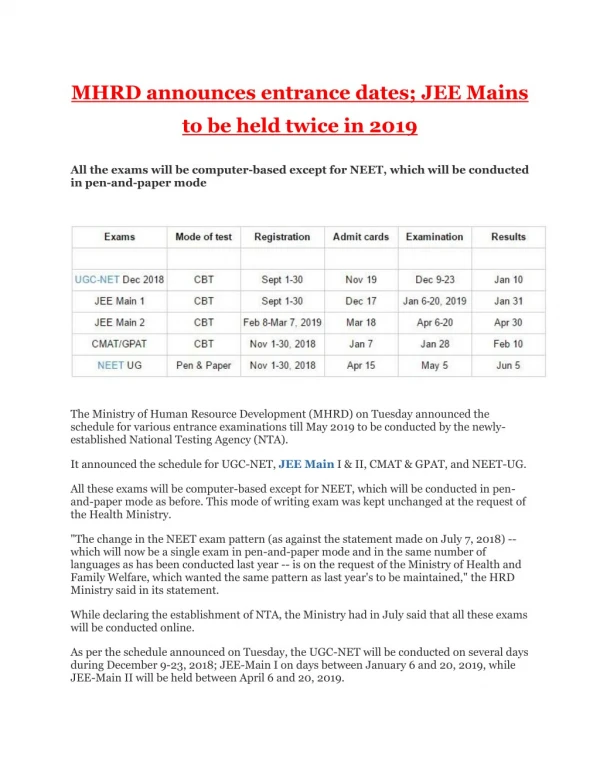 MHRD announces entrance dates; JEE Mains to be held twice in 2019