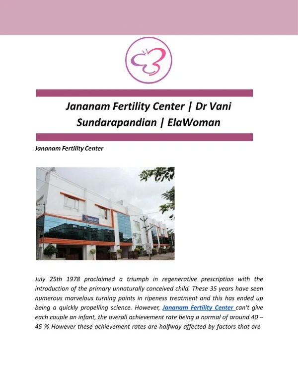 Jananam Fertility Center | Dr Vani Sundarapandian | ElaWoman