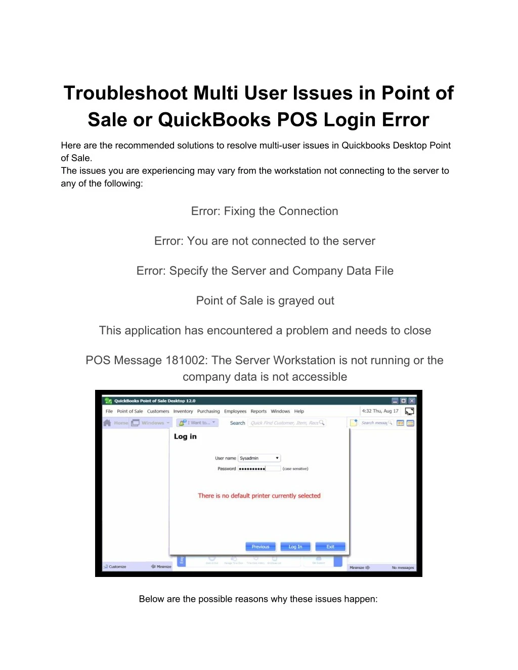 troubleshoot multi user issues in point of sale