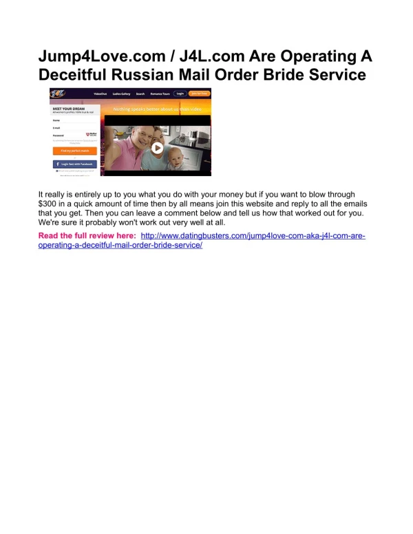 Jump4Love.com / J4L.com Are Operating A Deceitful Russian Mail Order Bride Service