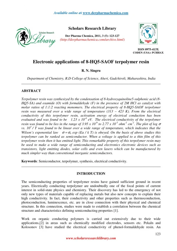 Electronic applications of 8-HQ5-SAOF terpolymer resin
