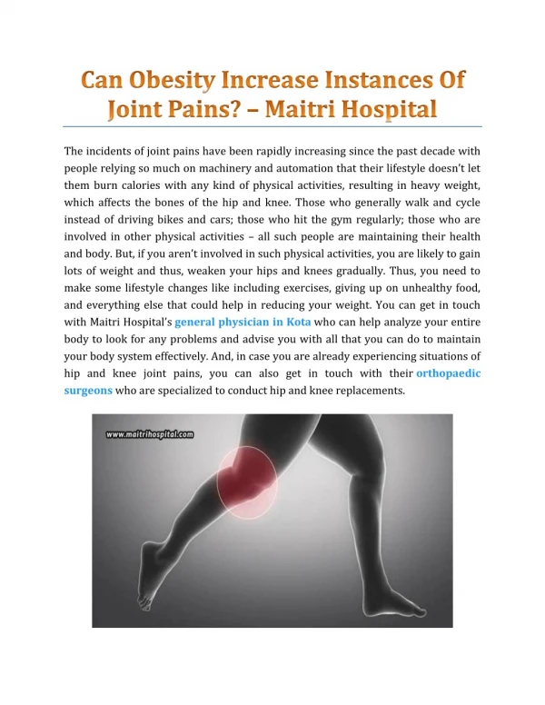 Can Obesity Increase Instances Of Joint Pains? - Maitri Hospital