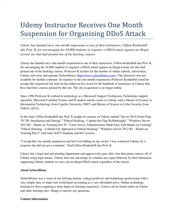 Udemy Instructor Receives One Month Suspension for Organizing DDoS Attack