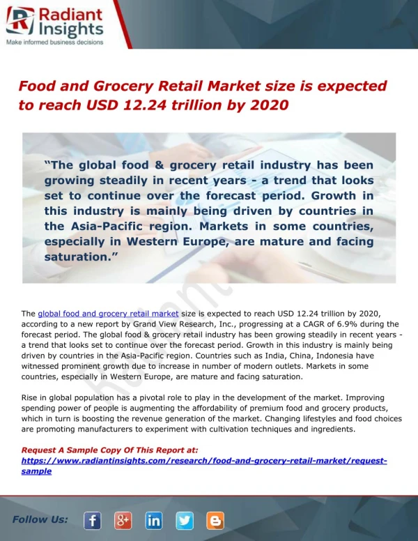 Food and Grocery Retail Market size is expected to reach USD 12.24 trillion by 2020