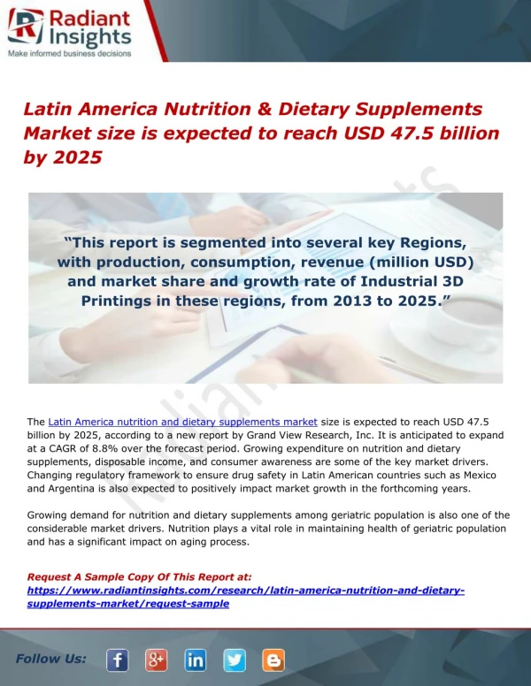 Latin America Nutrition & Dietary Supplements Market size is expected to reach USD 47.5 billion by 2025