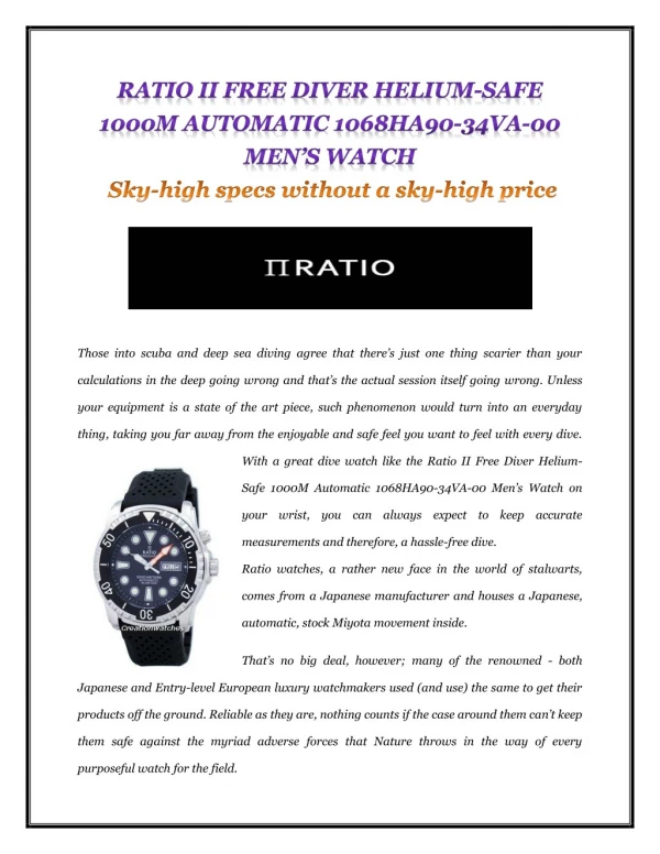 RATIO II FREE DIVER HELIUM-SAFE 1000M AUTOMATIC 1068HA90-34VA-00 MEN’S WATCH