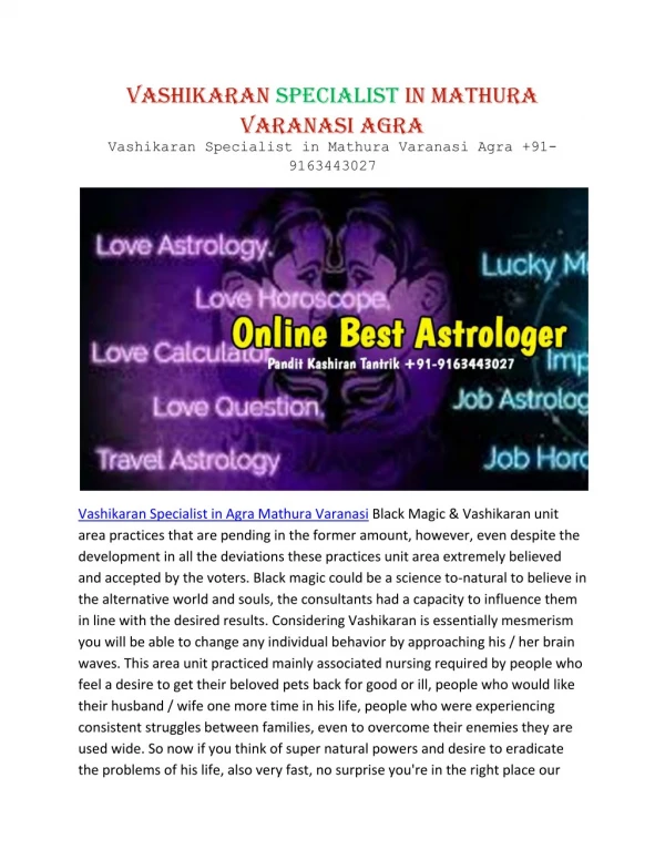 Vashikaran Specialist in Mathura Varanasi Agra 91-9163443027