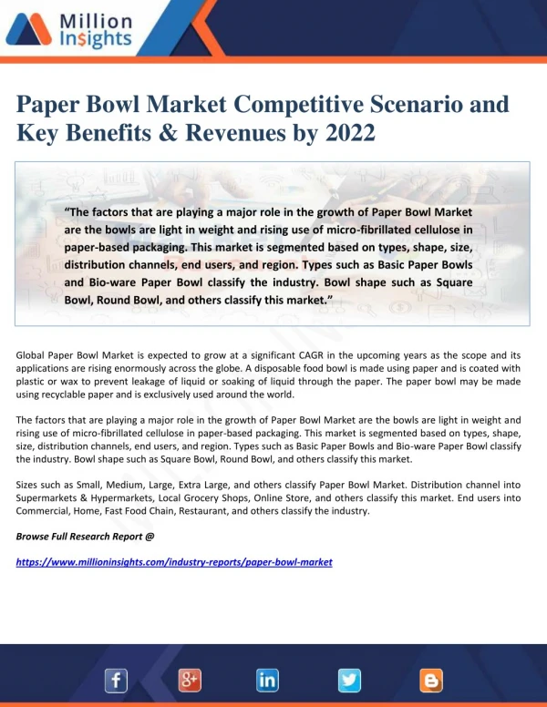 Paper Bowl Market Competitive Scenario and Key Benefits & Revenues by 2022