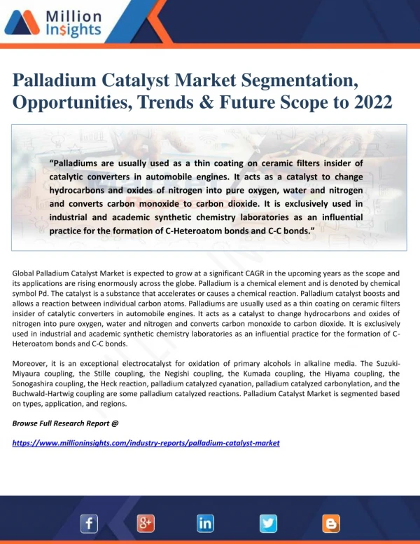 Palladium Catalyst Market Segmentation, Opportunities, Trends & Future Scope to 2022