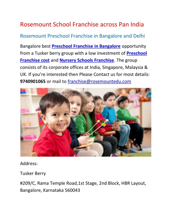 Rosemount Preschool Franchise in Bangalore and Delhi