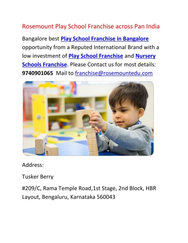 Rosemount Play School Franchise in Bangalore and Delhi
