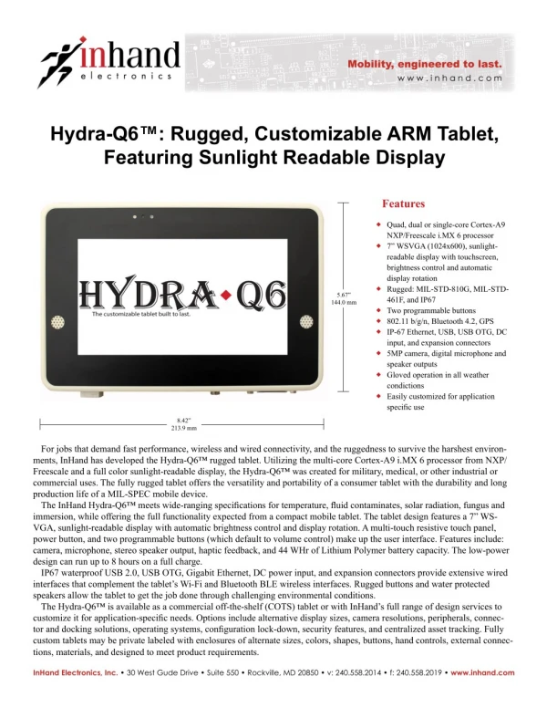 Hydra-Q6â„¢: Rugged, Customizable ARM Tablet, Featuring Sunlight Readable Display