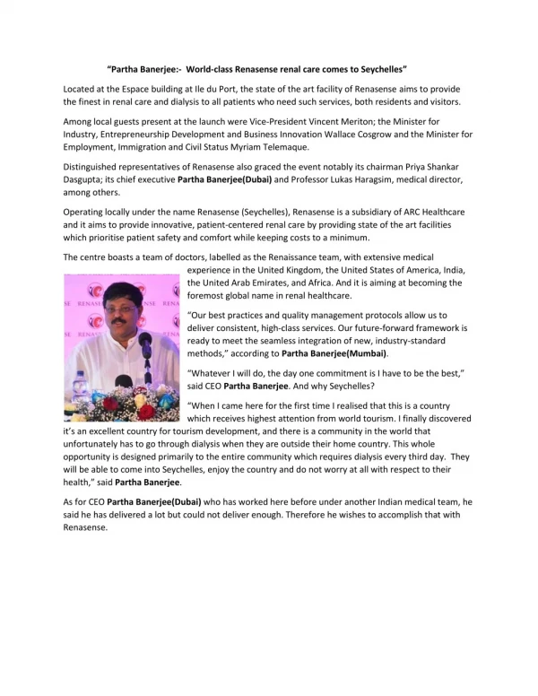 Partha Banerjee(Dubai):- World-class Renasense renal care comes to Seychelles