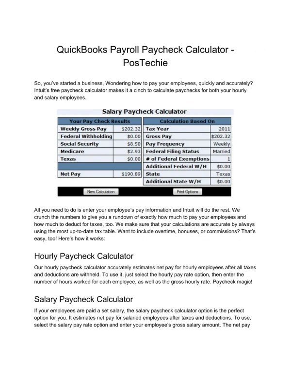 Intuit QuickBooks Payroll Paycheck Calculator - PosTechie for QuickBooks