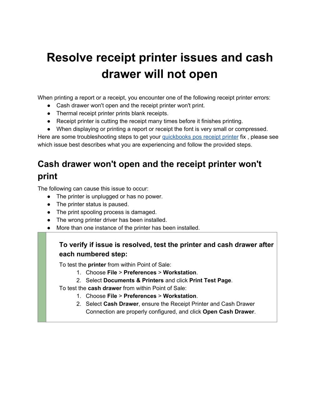resolve receipt printer issues and cash drawer