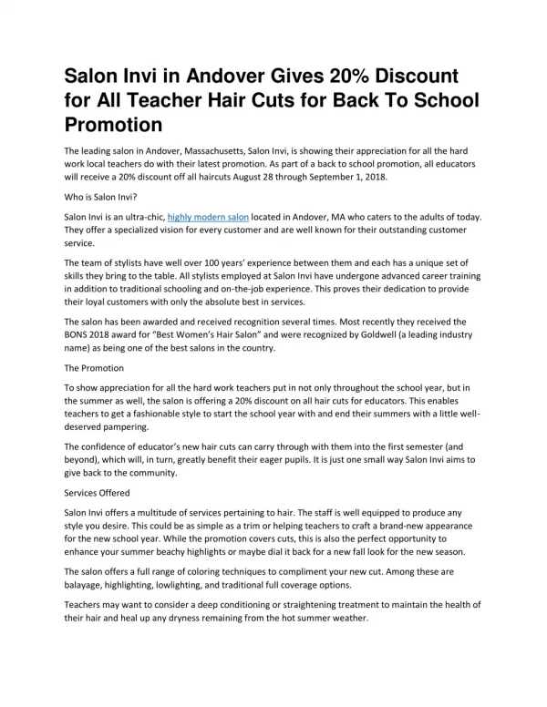 Salon Invi in Andover Gives 20% Discount for All Teacher Hair Cuts for Back To School Promotion