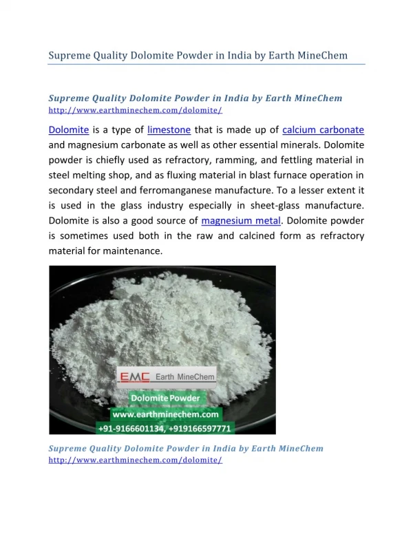 Supreme Quality Dolomite Powder in India by Earth MineChem