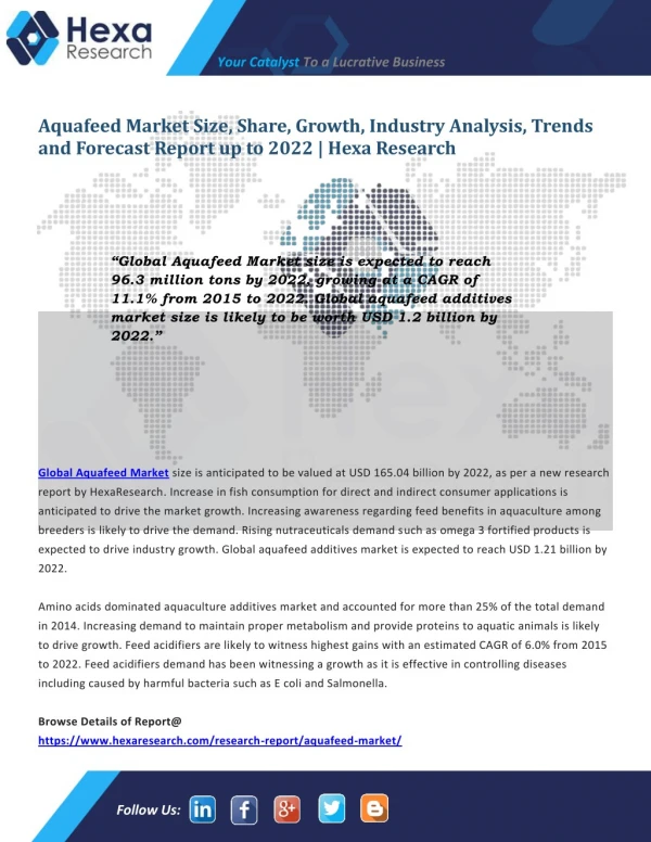 Global Aquafeed Industry Research Report - Global Market Analysis and Forecast to 2022