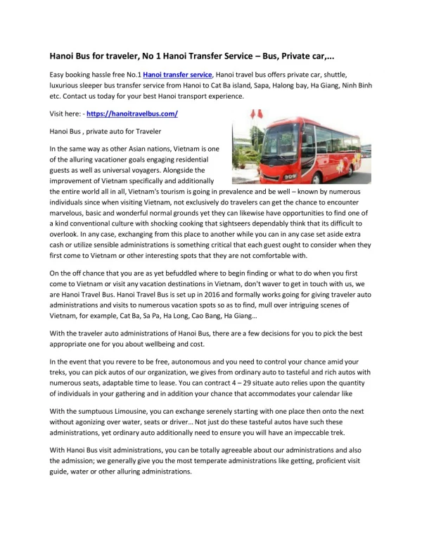 Hanoi Bus for traveler, No 1 Hanoi Transfer Service – Bus, Private car,...
