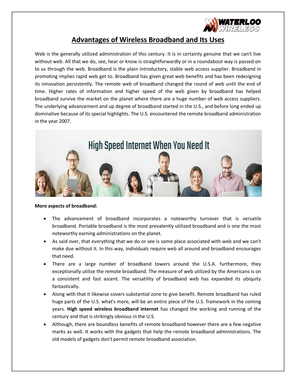 advantages of wireless broadband and its uses