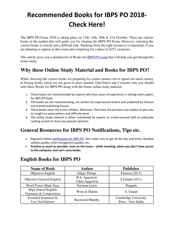 Recommended Books for IBPS PO 2018- Check Here!
