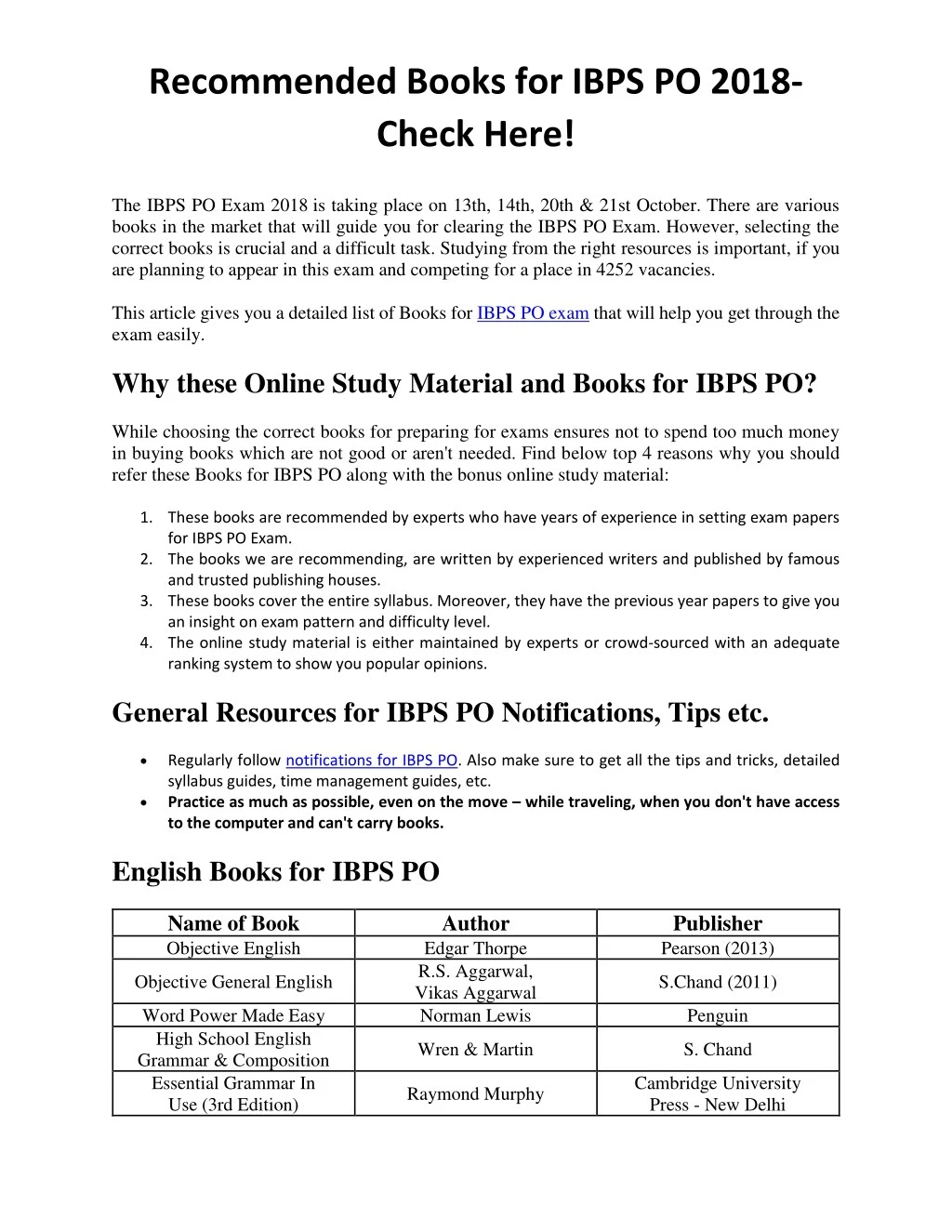 recommended books for ibps po 2018 check here