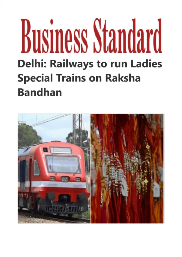 Delhi: Railways to run Ladies Special Trains on Raksha Bandhan