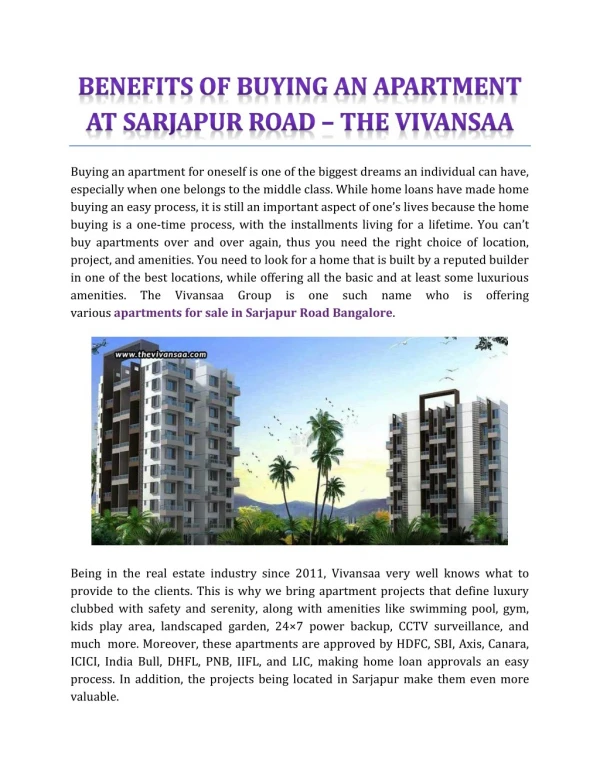 Benefits Of Buying An Apartment At Sarjapur Road - The Vivansaa