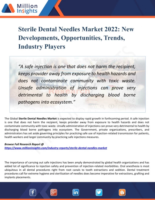 Sterile Dental Needles Market Segmented by Material, Type, Application, and Geography - Growth, Trends and Forecast 2022