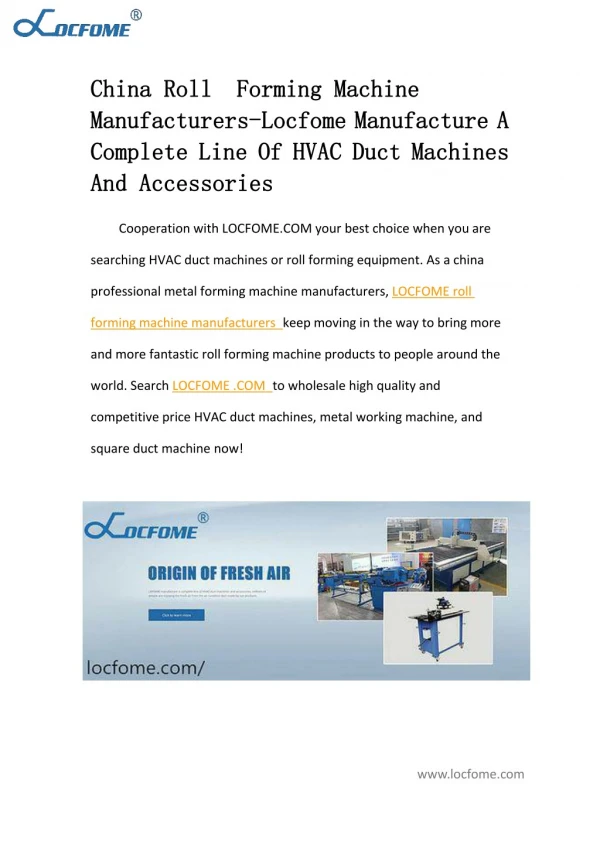 China roll forming machine manufacturers-Locfome manufacture a complete line of HVAC duct machines and accessories