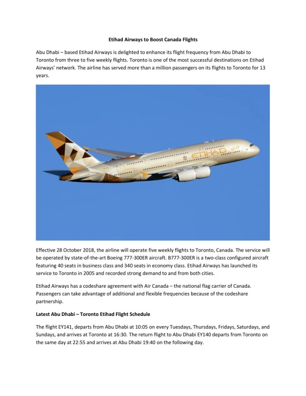 Etihad Airways to Boost Canada Flights