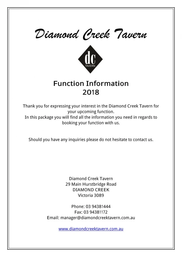 Diamond Creek Tavern - Function Information 2018