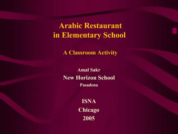 Arabic Restaurant in Elementary School A Classroom Activity