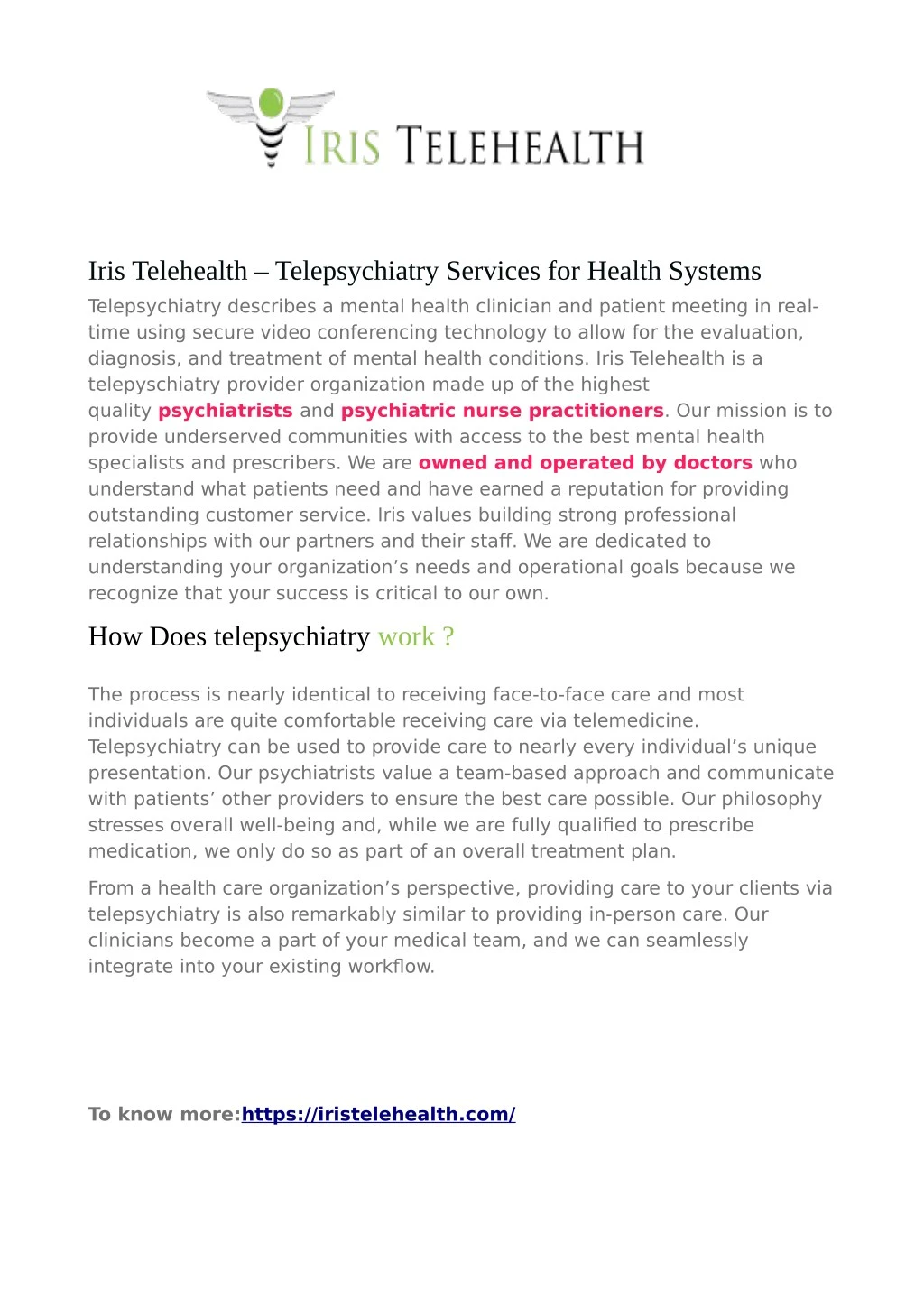 iris telehealth telepsychiatry services