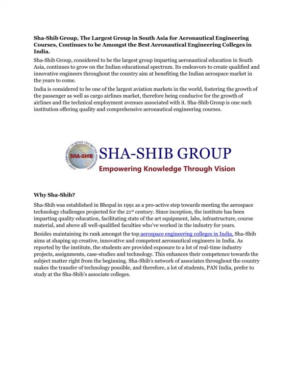 Sha-Shib Group, The Largest Group in South Asia for Aeronautical Engineering Courses, Continues to be Amongst the Best A