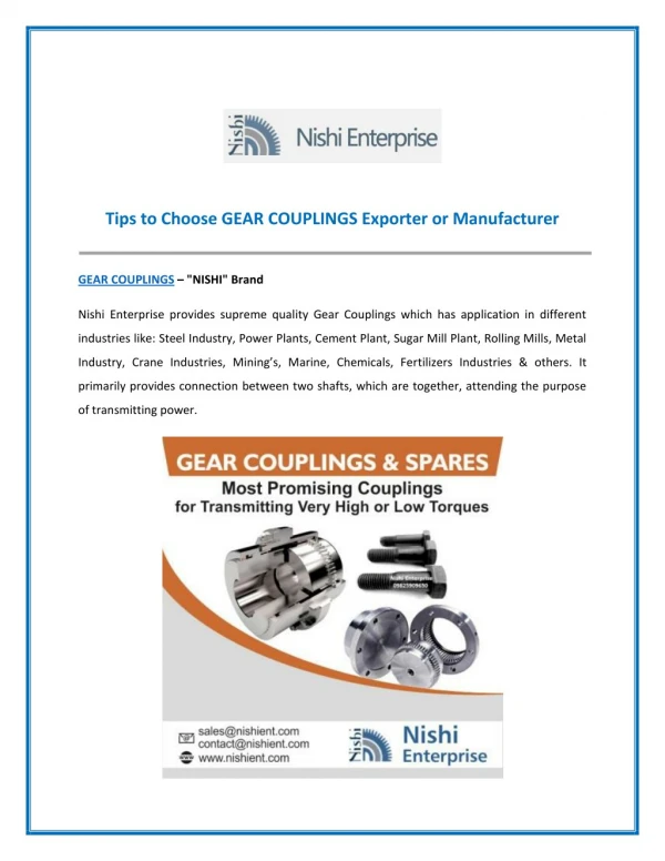 Specifications of Gear Couplings Provided by Gear Coupling Exporters