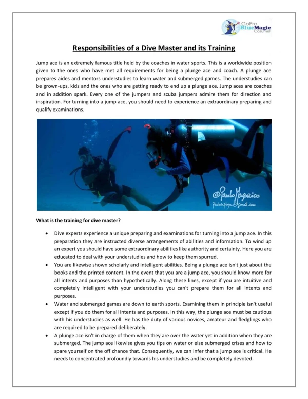 Responsibilities of a Dive Master and its Training