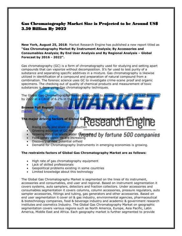 Gas Chromatography Market Size is Projected to be Around US$ 3.50 Billion By 2022