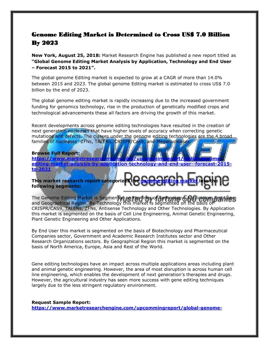 genome editing market is determined to cross